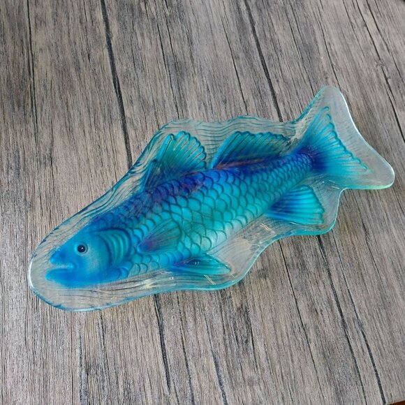 Other - Blue Glass Fish Decorative Serving Dish, Coastal Centerpiece Platter, 18" Tray